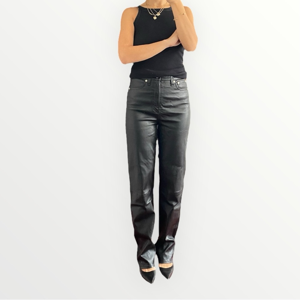 Rag & Bone Lamb Leather High Waisted Black Straight Leg Pants Size 26”